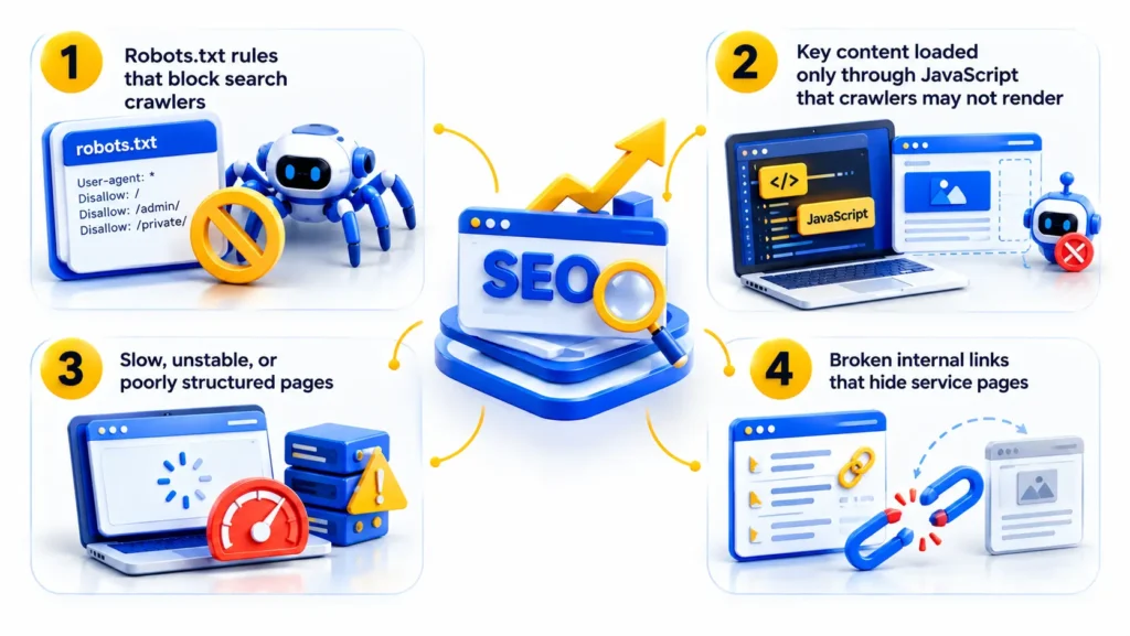 AI search visibility affected by noindex tags, robots.txt blocks, JavaScript content, slow pages, and broken internal links