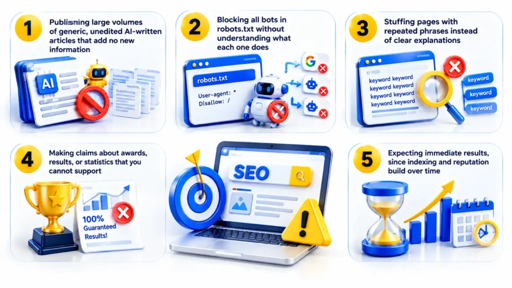 AI search visibility mistakes caused by generic AI content, blocked bots, keyword stuffing, unsupported claims, and unrealistic expectations