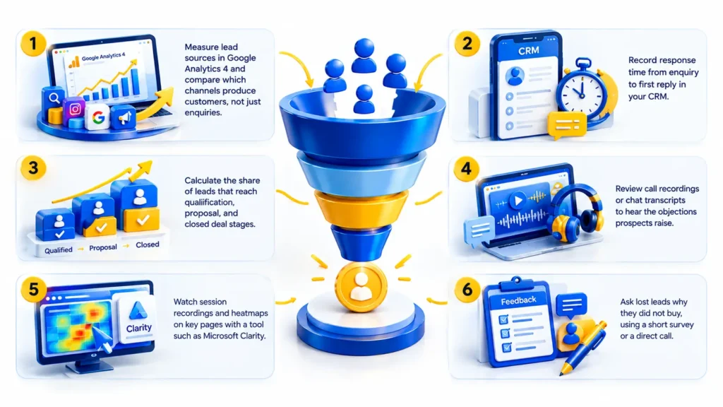 How to find sales funnel leaks by tracking leads from enquiry to qualification, proposal, and closed sales to identify why there are leads but not enough sales.