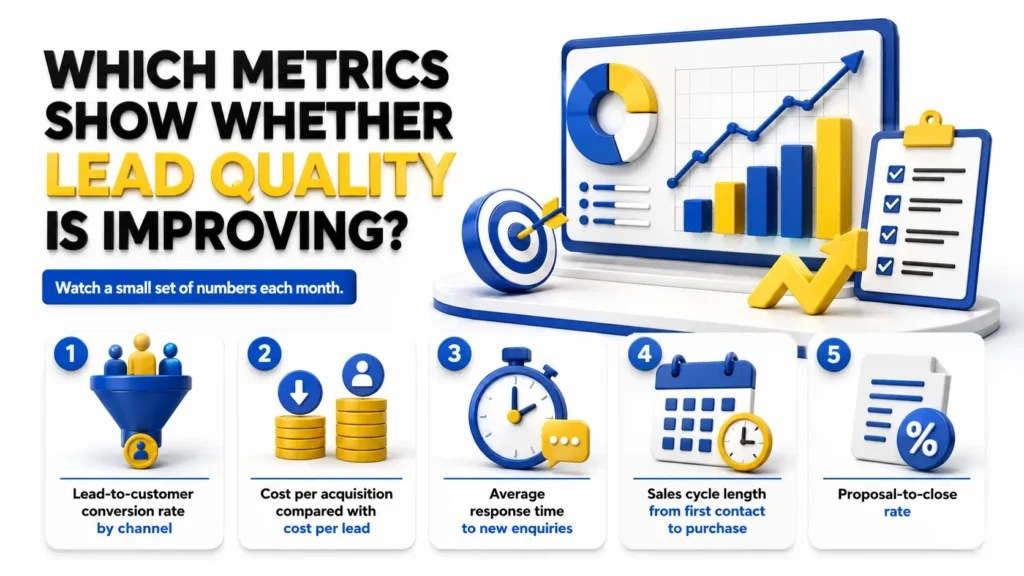 Metrics for measuring whether lead quality is improving, including lead-to-customer conversion rate, acquisition cost, response time, sales cycle length, and proposal-to-close rate.