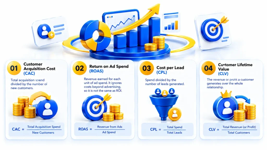 Digital marketing ROI metrics including customer acquisition cost, ROAS, cost per lead, and customer lifetime value for measuring marketing performance and profitability.