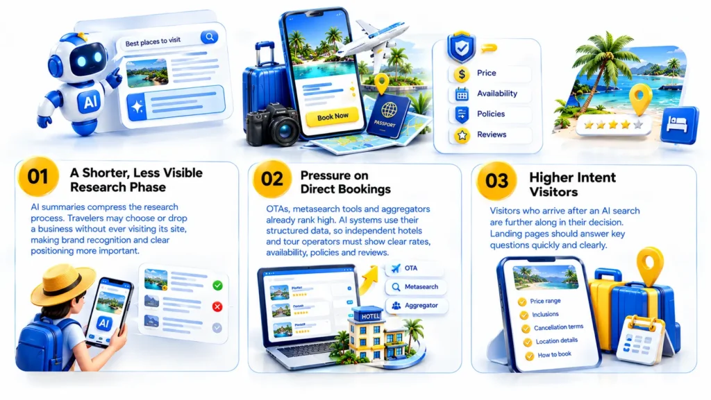 Travel website traffic and bookings are influenced by AI search changes, shorter traveler research journeys, online travel agencies, direct booking competition, pricing transparency, customer reviews, and high-intent website visitors.