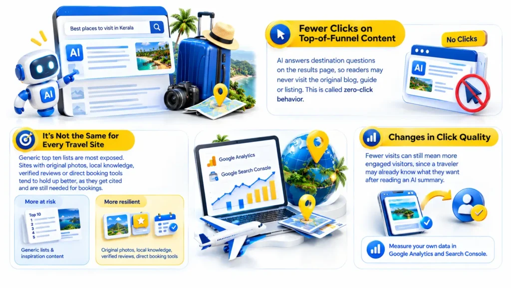 Travel website traffic changes due to AI search summaries and zero-click searches, highlighting the impact on destination blogs, original travel content, booking tools, click quality, Google Analytics, and Google Search Console.