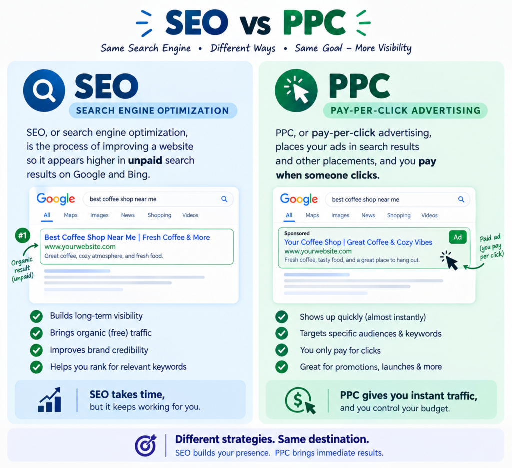 seo is a free trafic build over time,ppc is paid traffic that appear instanly
seo vs ppc