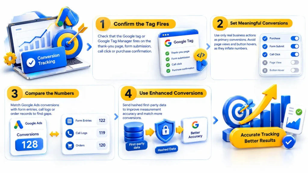 Google Ads Budget Finishing Without Enough Conversions can indicate tracking issues, incorrect primary conversion settings, missing Google tag events, discrepancies in lead or sales records, or the need for enhanced conversions.