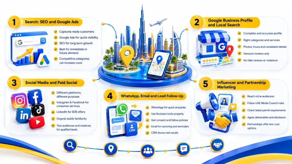 What Works in Digital Marketing in Dubai: SEO, Google Ads, Google Business Profile, Social Media, WhatsApp Marketing, Email, and Influencer Partnerships.