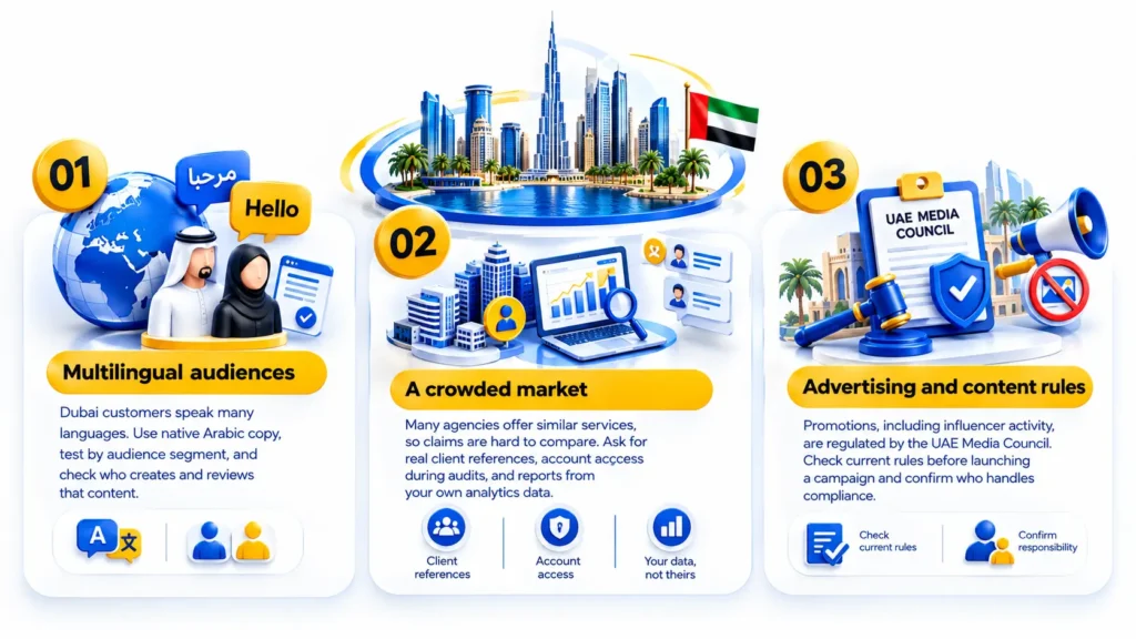 What Shapes Digital Marketing Agency Relationships in Dubai: Multilingual Audiences, Market Competition, and UAE Advertising Regulations.