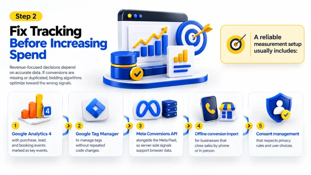 Build a Performance Marketing Strategy by setting up accurate conversion tracking with Google Analytics 4, Google Tag Manager, Meta Pixel, Conversions API, offline conversion imports, and consent management.