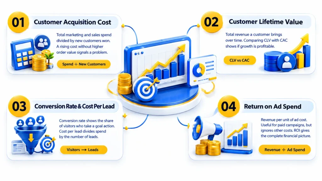 How Marketing Analytics Helps Businesses Measure ROI: Track Customer Acquisition Cost, Customer Lifetime Value, Conversion Rate, Cost Per Lead, and Return on Ad Spend.
