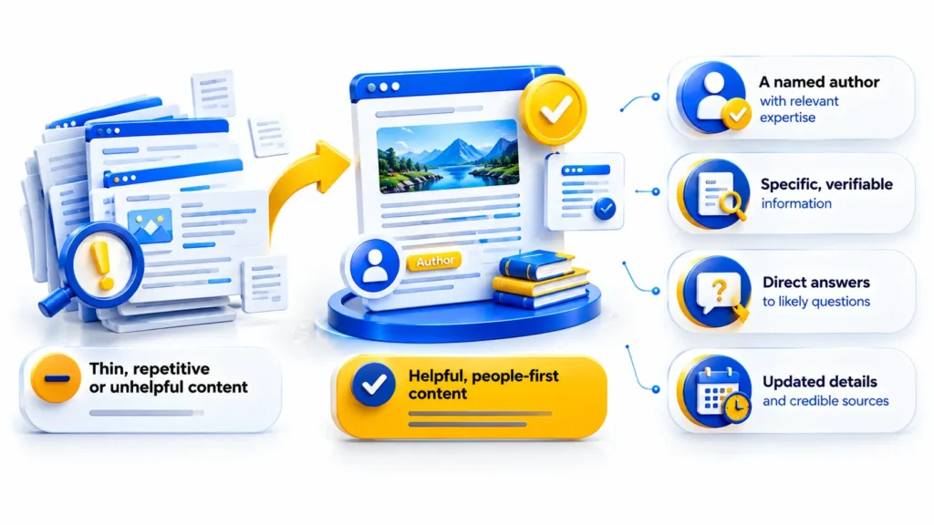 Website Traffic Drop Despite New Content caused by thin, repetitive, or unhelpful content, highlighting original information, expert authorship, specific data, direct answers, updated details, and credible sources.