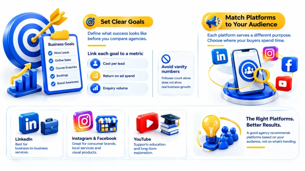 How to Choose the Right Social Media Marketing Agency for Your Business: Define Measurable Goals, Track Leads and ROI, and Select Platforms That Match Your Target Audience.