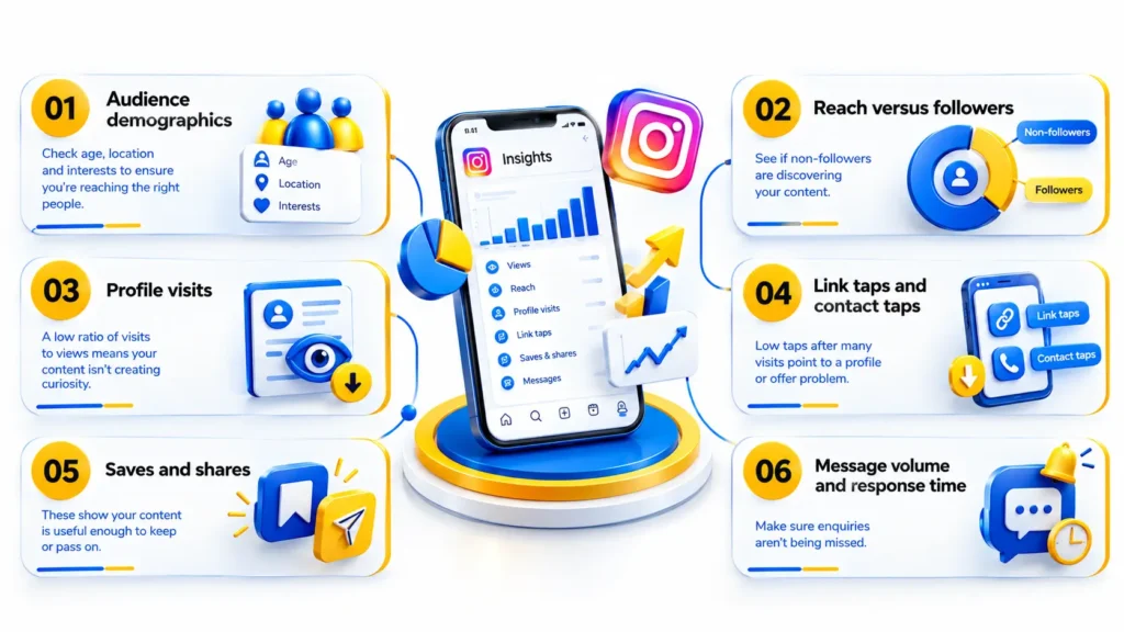 Instagram Views but No Enquiries: Diagnose Audience Demographics, Reach, Profile Visits, Link Taps, Saves, Shares, and Message Response Time Using Instagram Insights.