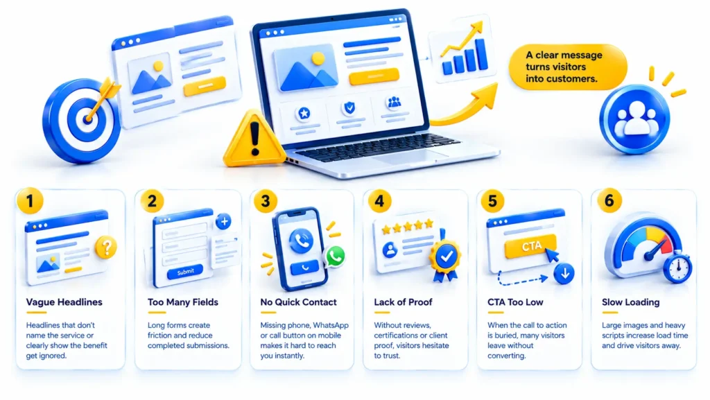Landing page conversion issues causing a business not getting leads after investing in SEO, including unclear headlines, long forms, missing contact options, weak trust signals, hidden CTAs, and slow page speed.