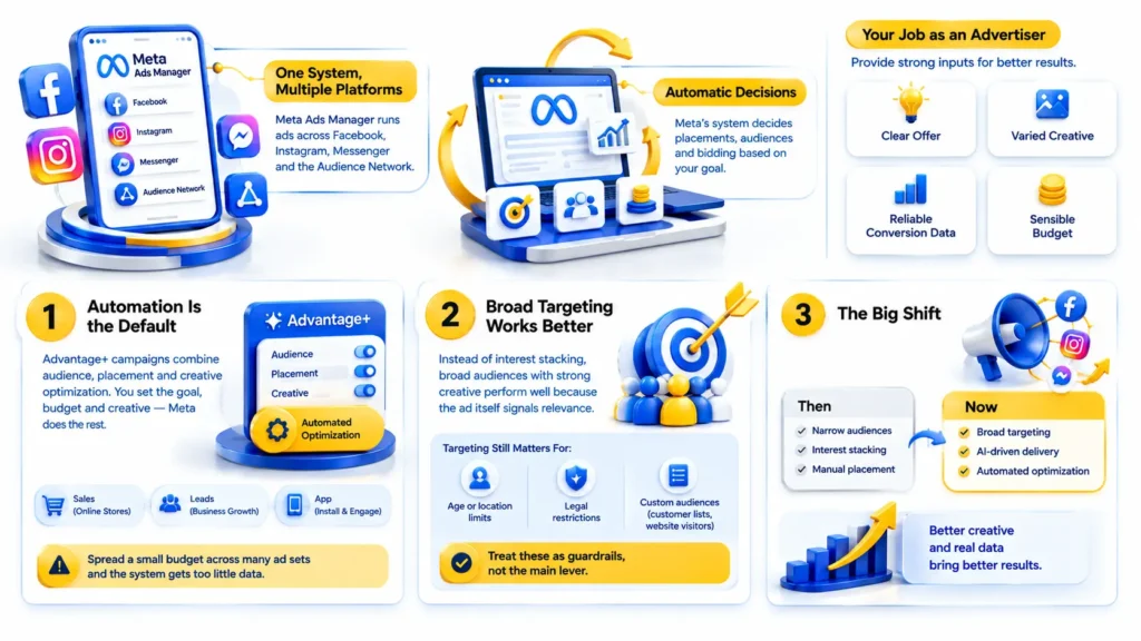 Facebook Ads in 2027 using Meta Ads Manager, Advantage+ automation, broad targeting, creative optimization, conversion data, and automated audience and placement decisions.