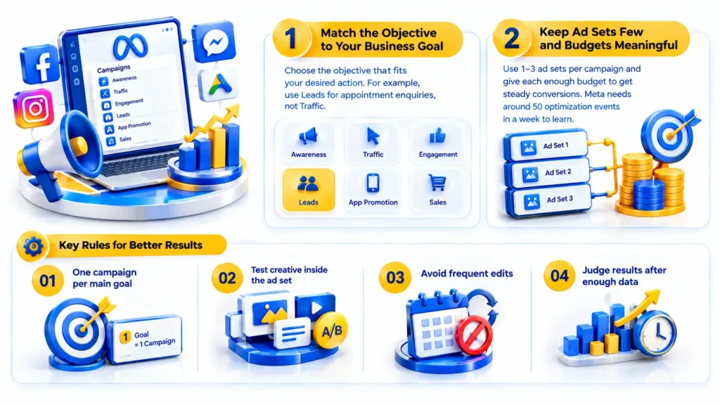 Facebook Ads in 2027 campaign structure using goal-based objectives, fewer ad sets, meaningful budgets, creative testing, stable learning phases, and data-driven optimization.