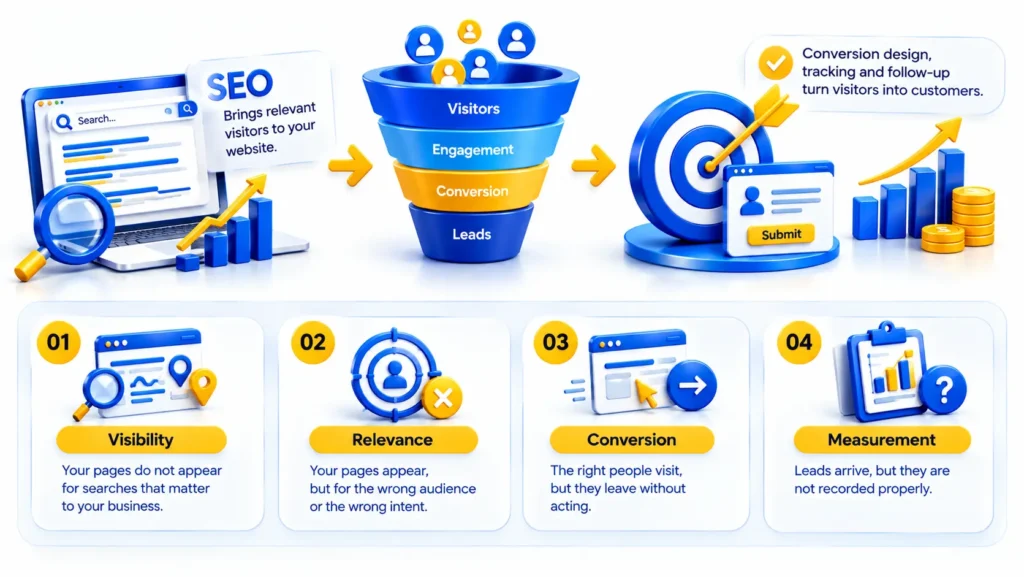 Business Not Getting Leads After Investing in SEO due to visibility, relevance, conversion, or lead tracking issues that prevent website visitors from becoming enquiries.