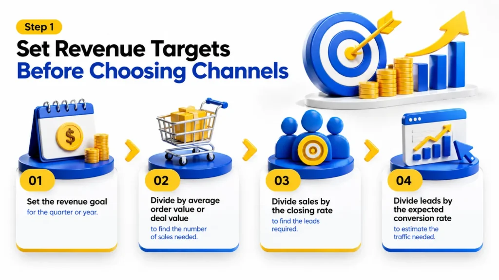 Build a Performance Marketing Strategy by setting revenue goals, calculating average order value, estimating required leads, and determining website traffic needed to achieve business sales targets.