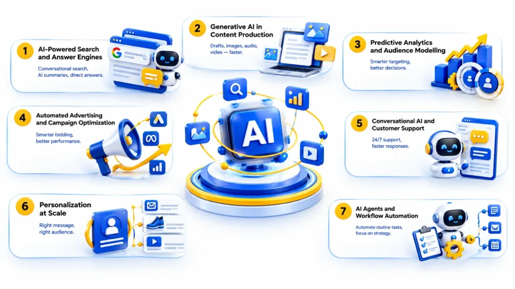 Top AI Digital Marketing Trends for 2027: AI Search, Content, Predictive Analytics, Automated Ads, Personalization, and AI Agents.