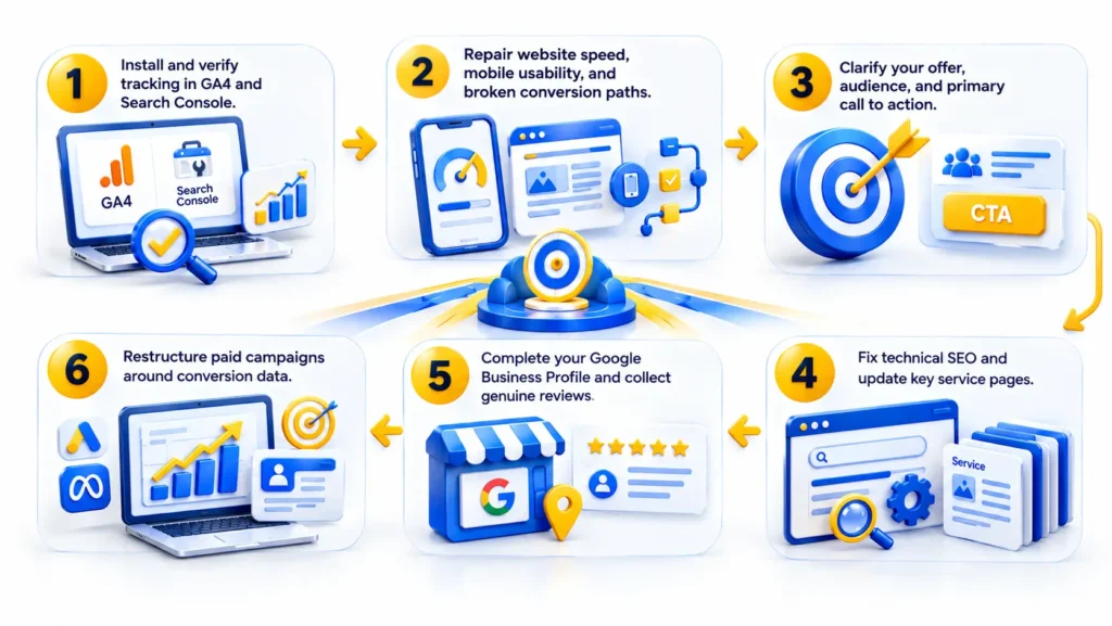 Why Your Business Isn't Growing Online: Fix Tracking, Website Speed, SEO, Google Business Profile, and Paid Campaigns First.