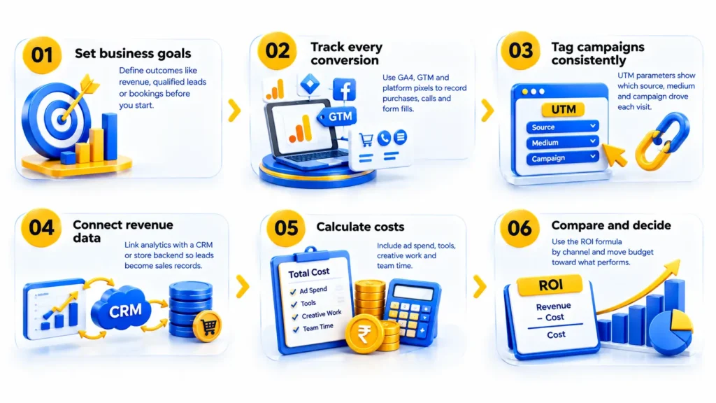 How Marketing Analytics Helps Businesses Measure ROI Step by Step: Set Goals, Track Conversions, Use UTM Parameters, Connect Revenue Data, Calculate Costs, and Compare Channels.