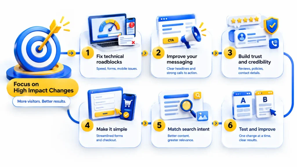 Website Not Converting? Prioritise conversion rate optimisation by fixing slow loading pages, broken forms, unclear headlines, weak calls to action, missing trust signals, complicated checkout processes, and mismatched search intent through A/B testing.