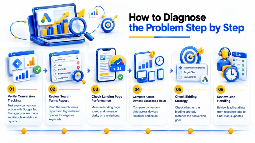 How to Diagnose Google Ads Getting Clicks but No Leads: Audit Conversion Tracking, Search Terms, Landing Page Speed, Targeting, Bidding, and Lead Follow-Up.