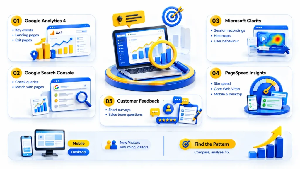 Not Converting? Identify conversion problems using Google Analytics 4, Google Search Console, Microsoft Clarity heatmaps, PageSpeed Insights, and customer feedback to improve user experience and increase conversions.