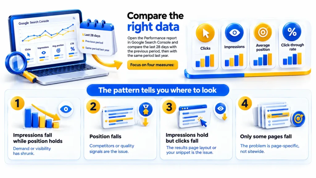 Website Traffic Drop Despite New Content, diagnosed by comparing Google Search Console clicks, impressions, average position, and CTR to identify visibility, ranking, snippet, or page-specific issues.