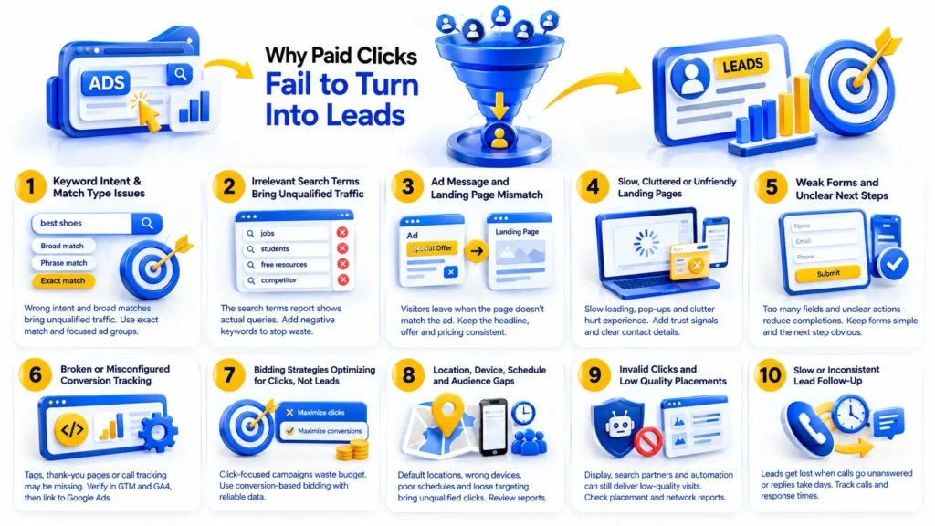 Google Ads Getting Clicks but No Leads: Common Causes Include Irrelevant Keywords, Poor Landing Pages, Tracking Errors, Weak Targeting, and Slow Lead Follow-Up.